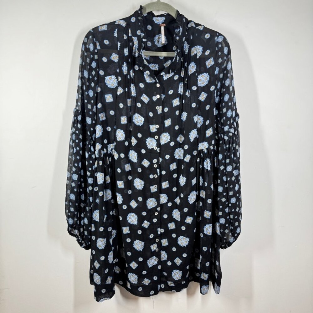 Free People Boho Turn Turn Sheer Mini Dress Size M Printed Festival Peasant - Picture 4 of 15